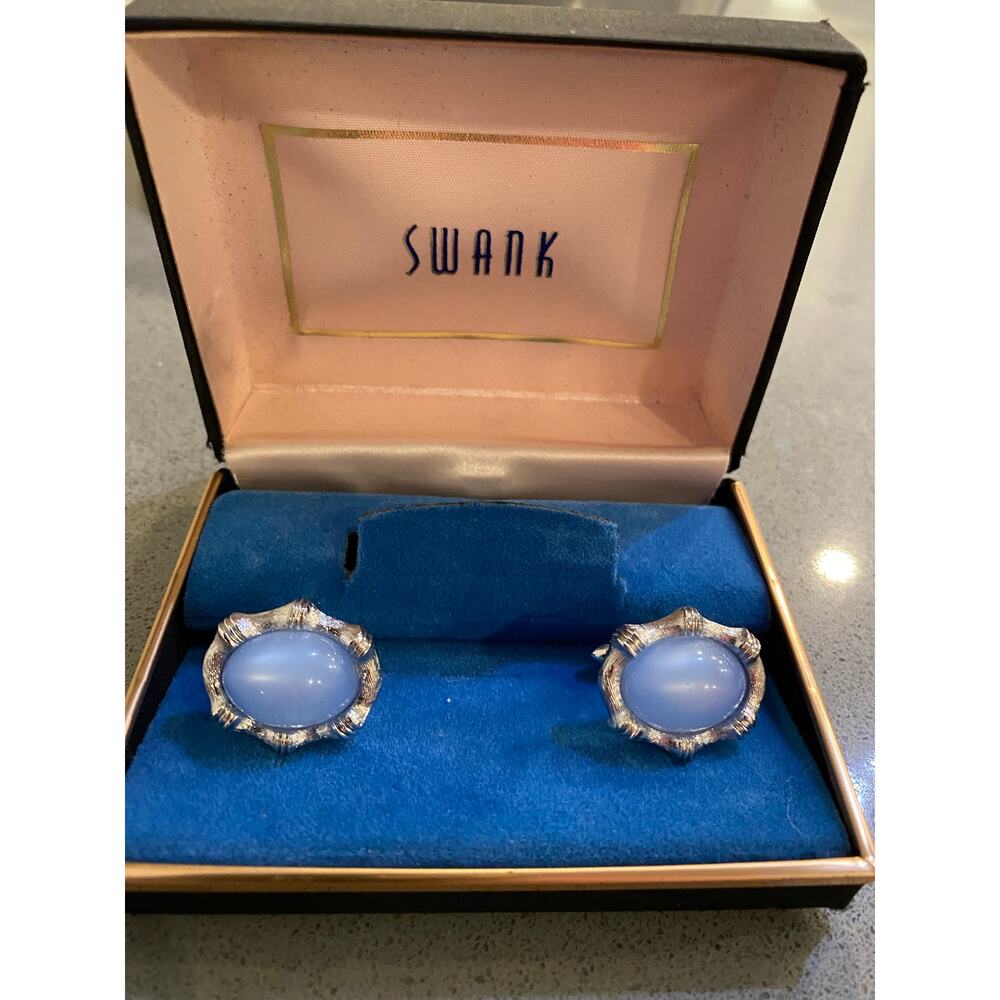 Vintage Swank Cuff Links 50s Blue Stone Silver Tone Mid Century NIB